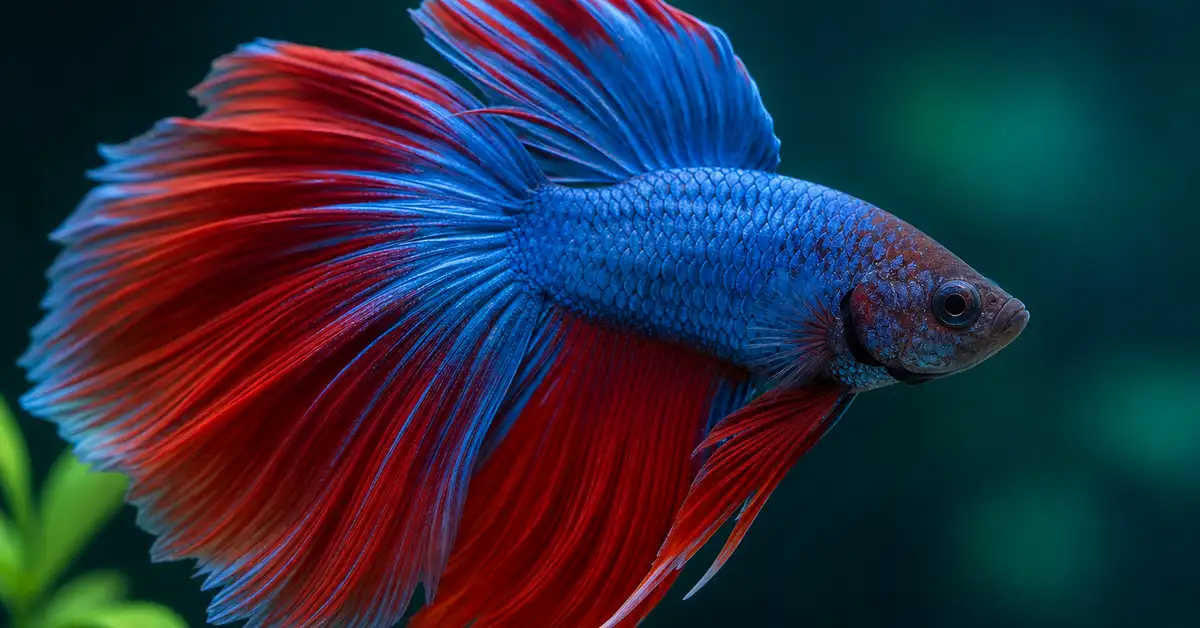 Close-up of a vibrant betta fish with flowing fins in clear aquarium water