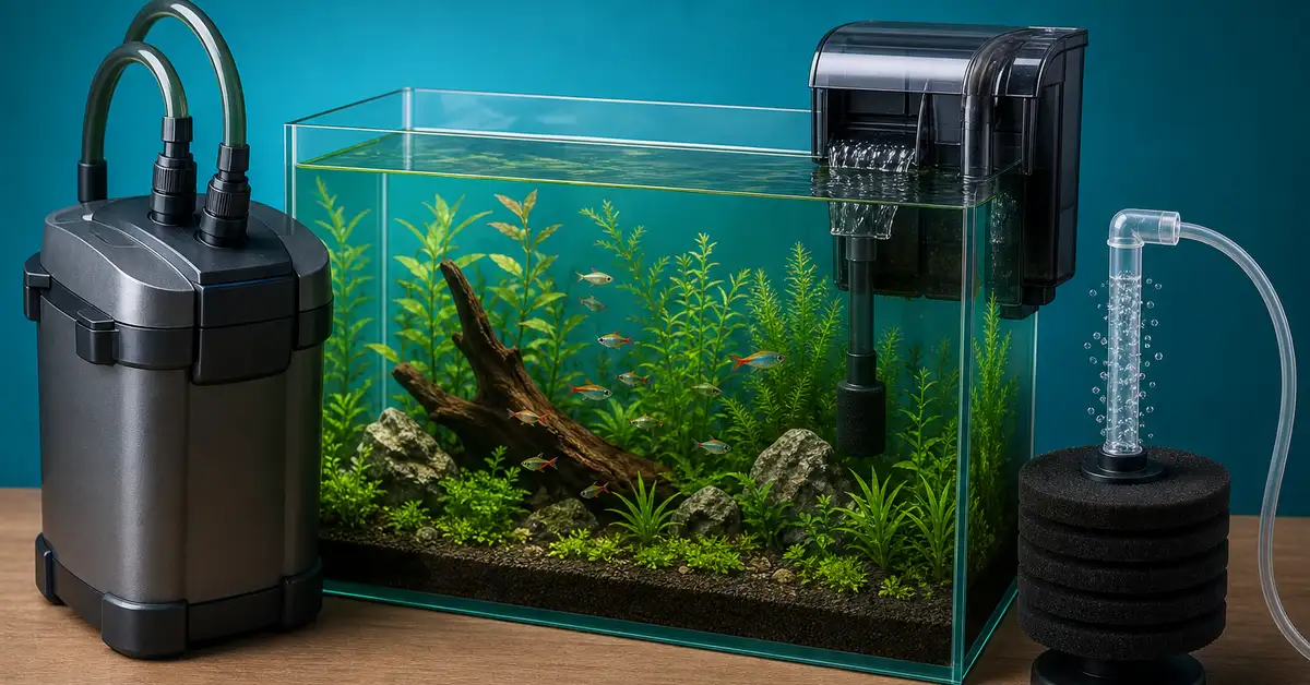 Three different freshwater aquarium filter types shown near a planted tank