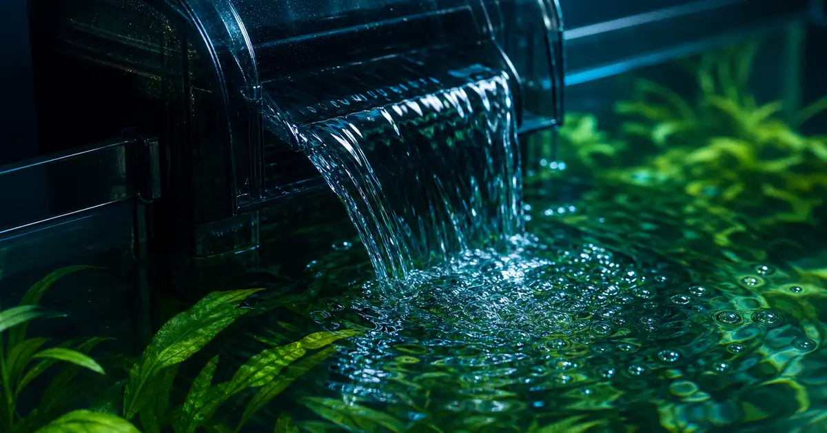 A hang-on-back filter's waterfall return flowing into a freshwater aquarium