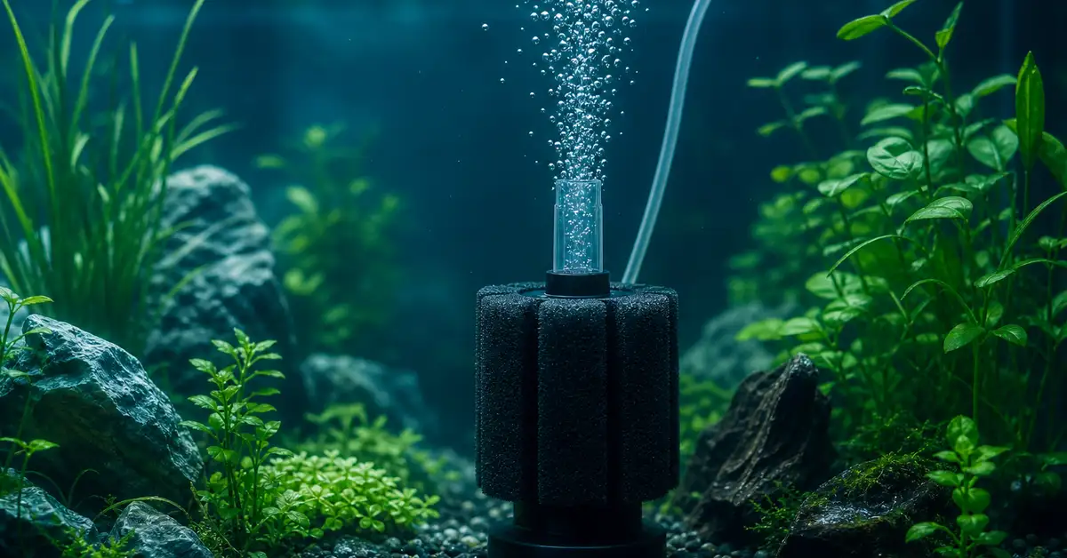 A gentle air-driven sponge filter with small bubbles rising in a nano freshwater tank