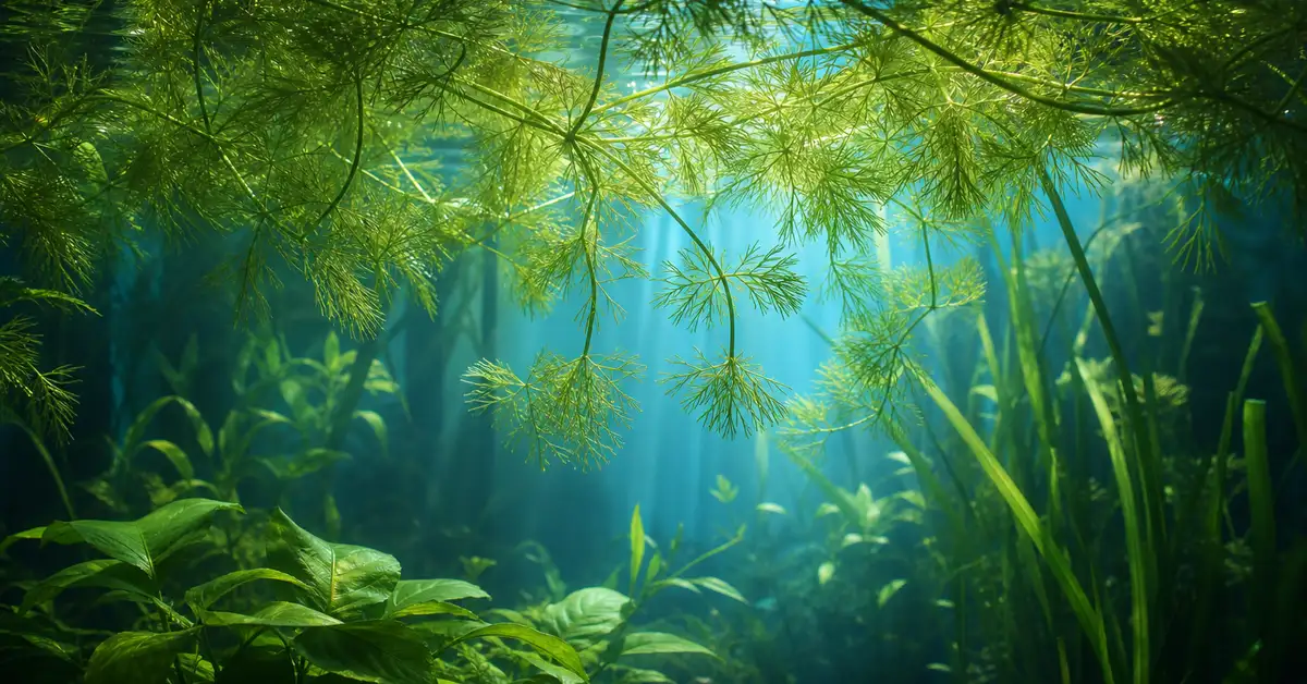 Floating aquarium plants with feathery leaves providing cover near the water surface