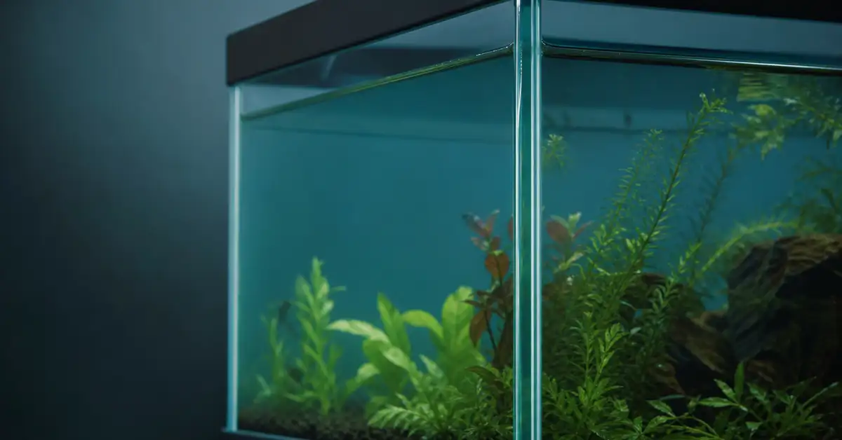 A framed glass aquarium with visible silicone seams and clear water