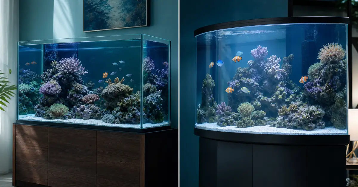Side-by-side style comparison of a glass aquarium and an acrylic aquarium in soft natural light