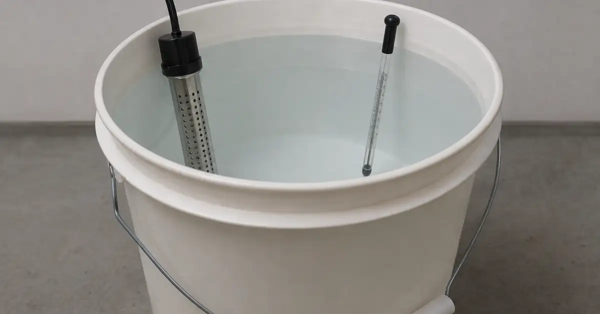 A bucket water test setup used to isolate an aquarium heater fault