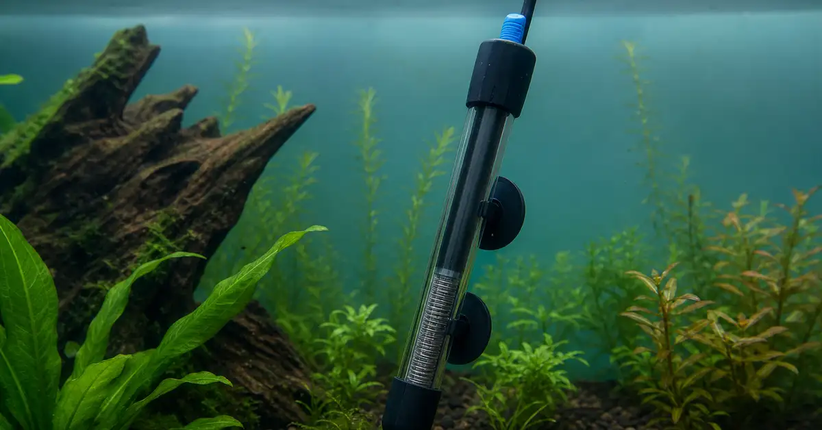 A submersible aquarium heater being checked in a freshwater tank