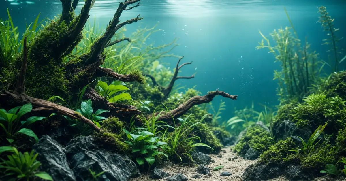 A calm, softly lit planted freshwater aquarium with driftwood and gentle rising bubbles
