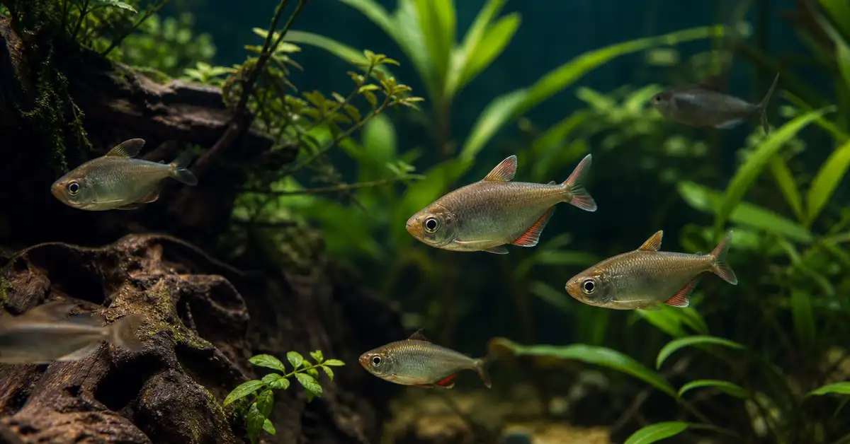 A small school of freshwater fish swimming in a softly lit planted tank