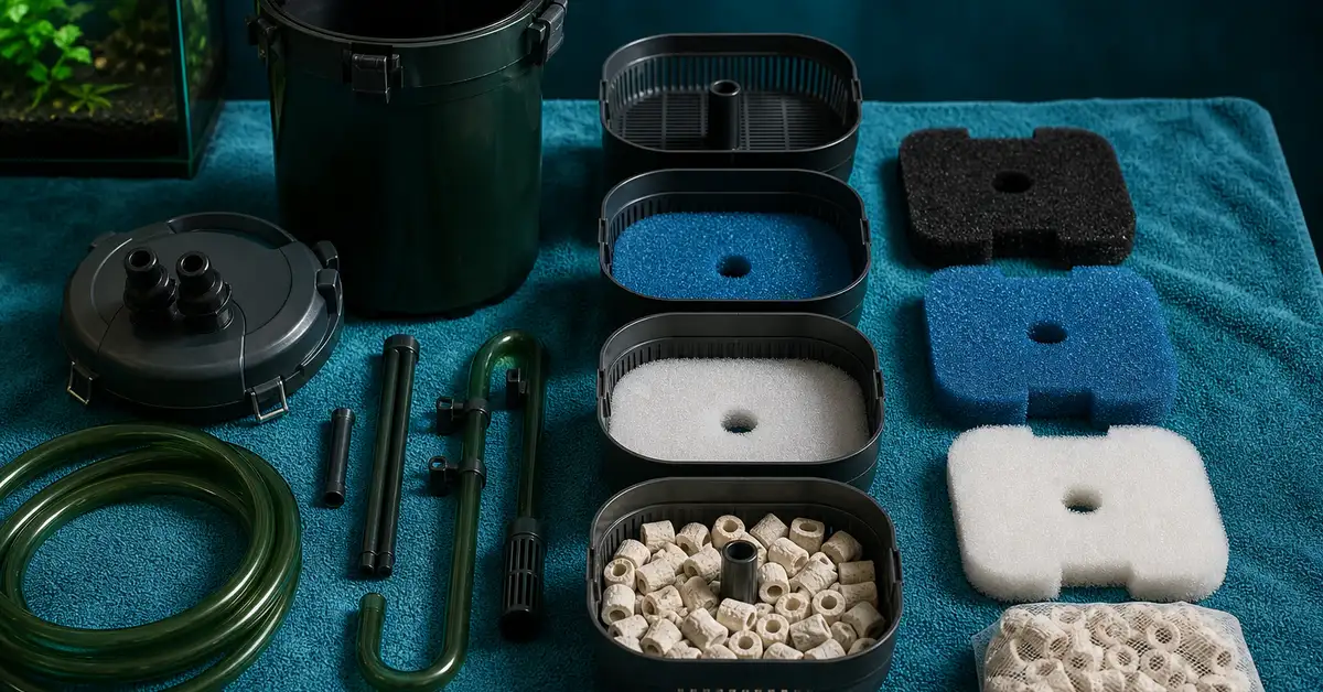 Canister filter media trays laid out in order during disassembly for cleaning