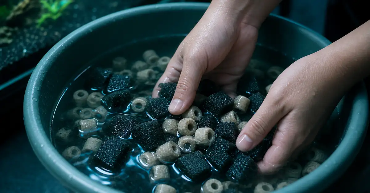 Aquarium filter media being gently rinsed in a bucket of tank water