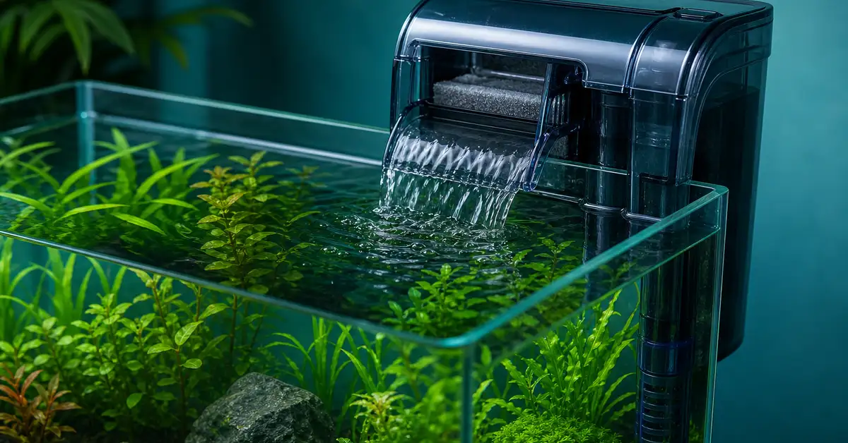 A freshly cleaned aquarium filter reassembled and running normally