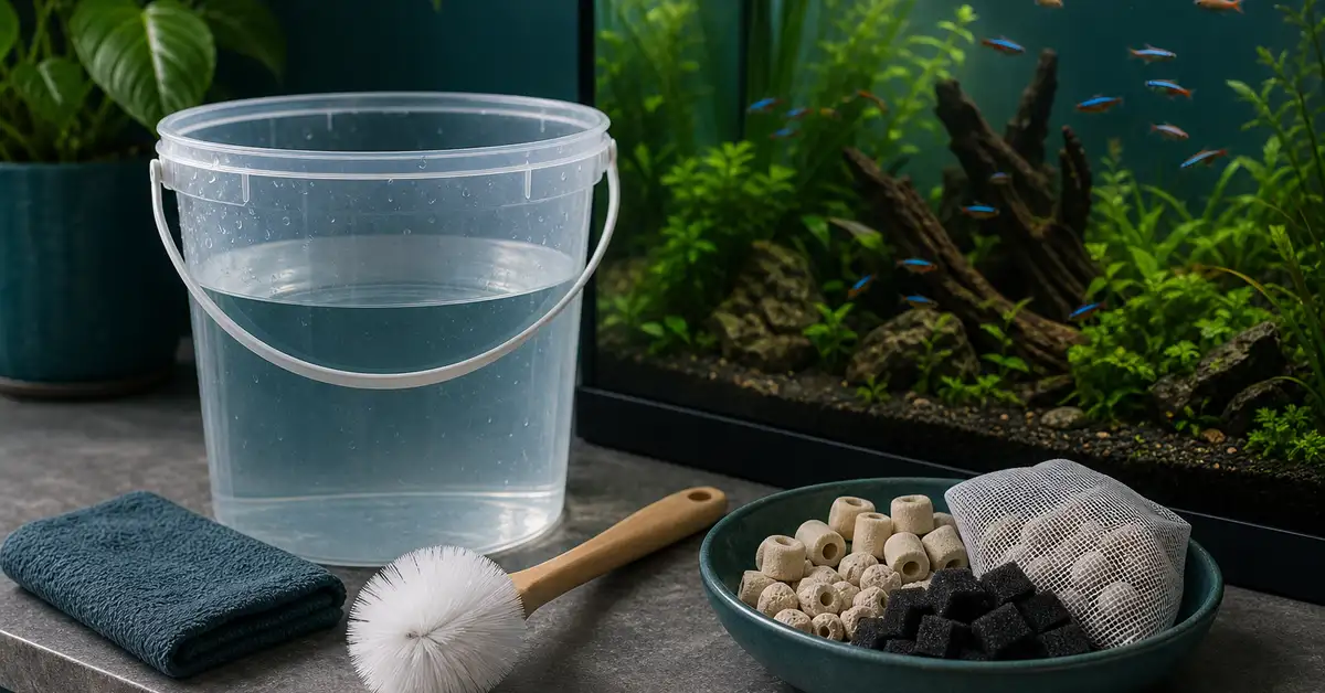 A bucket of aquarium water, soft brush and spare filter media staged for a filter cleaning