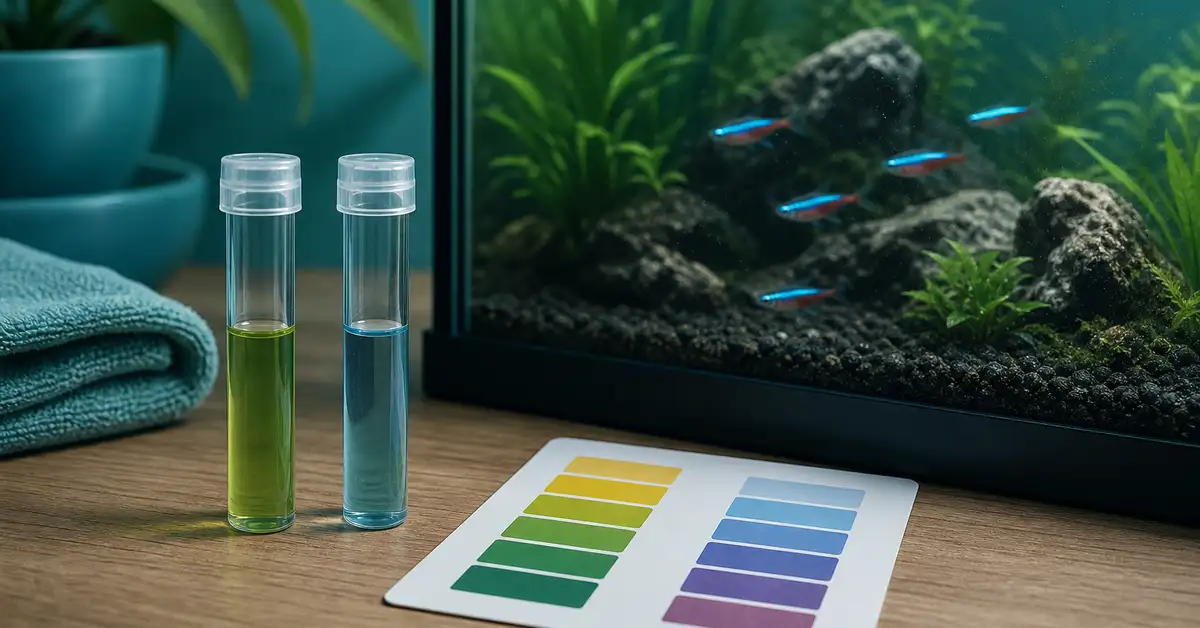Aquarium water test tubes with a color reference chart used to check ammonia and nitrite