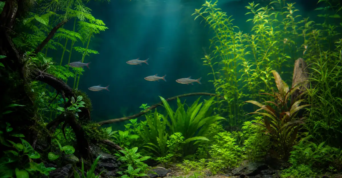 A mature, fully cycled freshwater planted aquarium with healthy fish swimming calmly