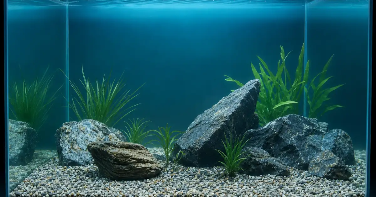 An empty, freshly set-up freshwater aquarium with clean substrate, ready to begin the nitrogen cycle