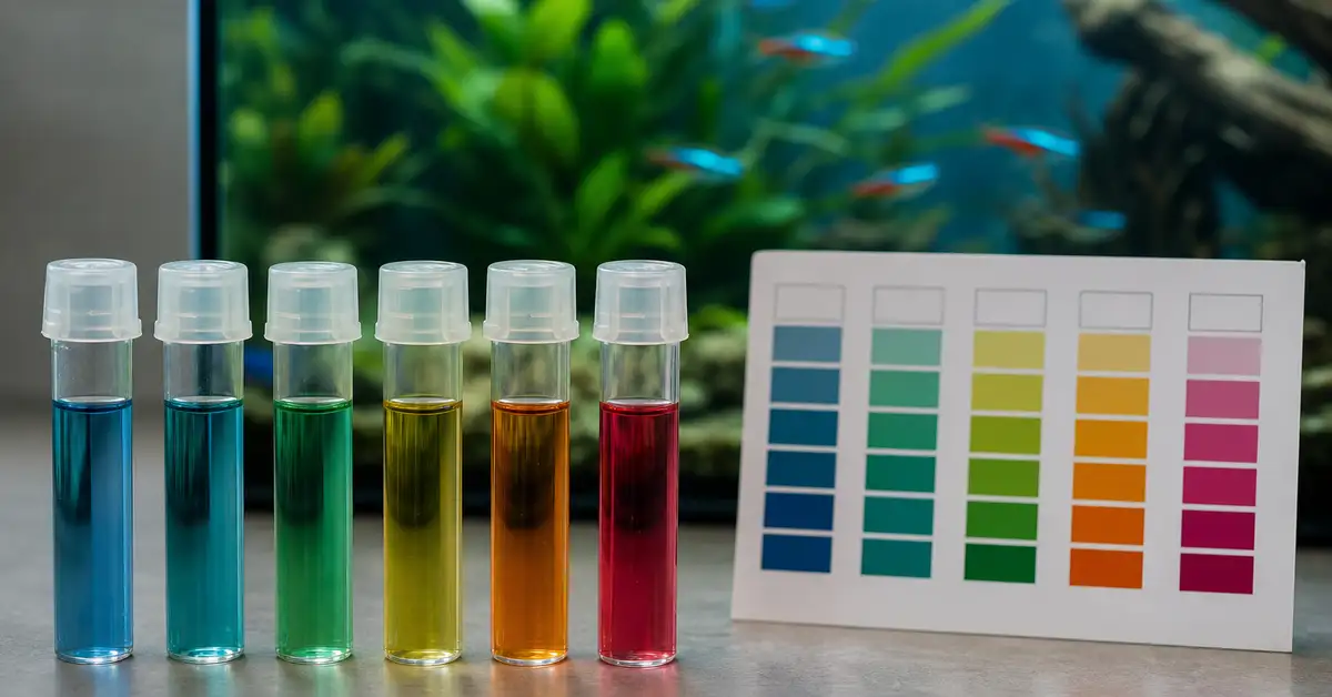 Aquarium water test tubes and color reference chart used to track ammonia, nitrite, and nitrate during cycling