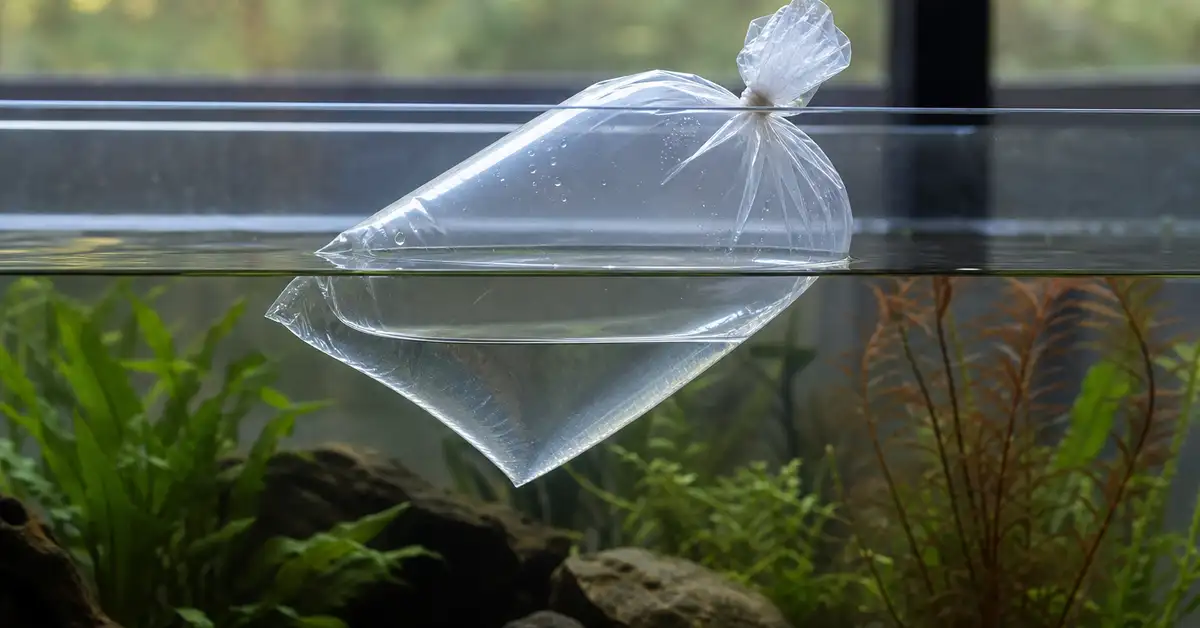 A sealed fish transport bag floating on the aquarium surface for temperature acclimation