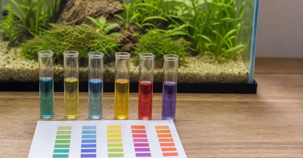 Aquarium water test tubes with a color reference chart during fishless cycling