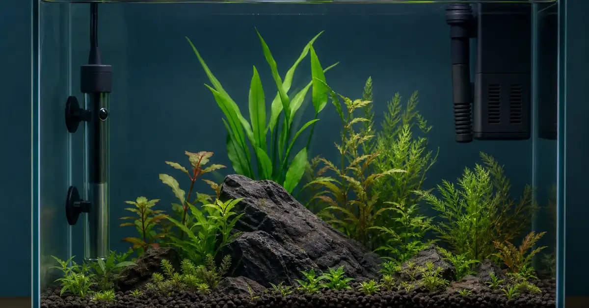 A heater and small filter installed inside a freshly set-up planted aquarium