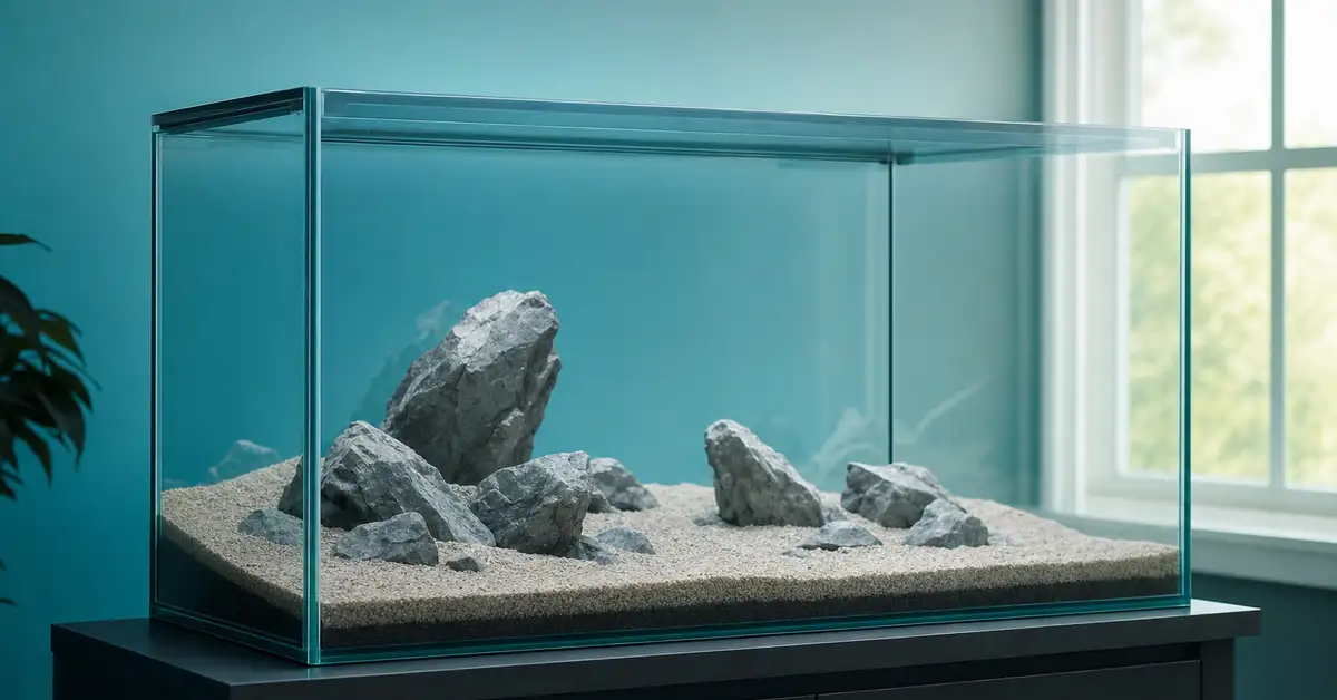 An empty, freshly set-up freshwater aquarium ready for substrate and equipment