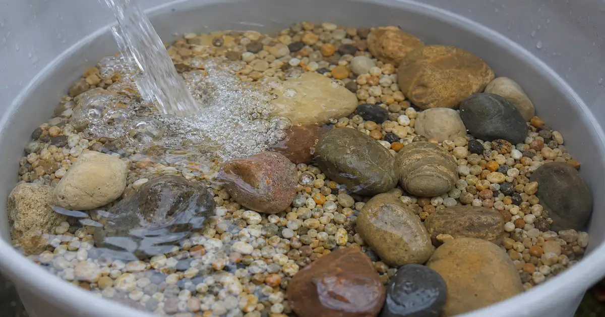 Clean aquarium gravel substrate and smooth rocks being rinsed before use