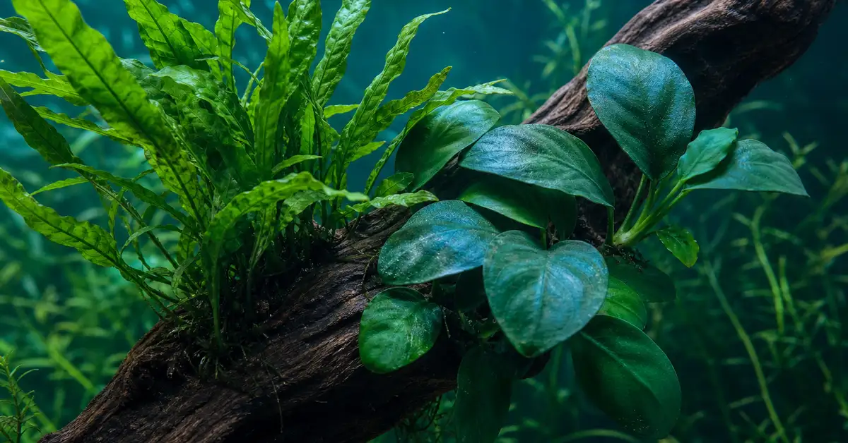 Java fern and anubias plants attached to driftwood in a freshwater aquarium