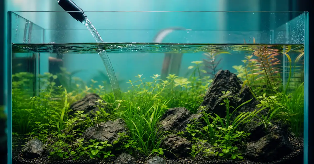 A water change being performed on a planted freshwater aquarium to manage nitrate levels