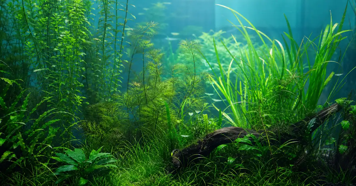 Dense live aquarium plants growing in a freshwater tank, absorbing nitrates