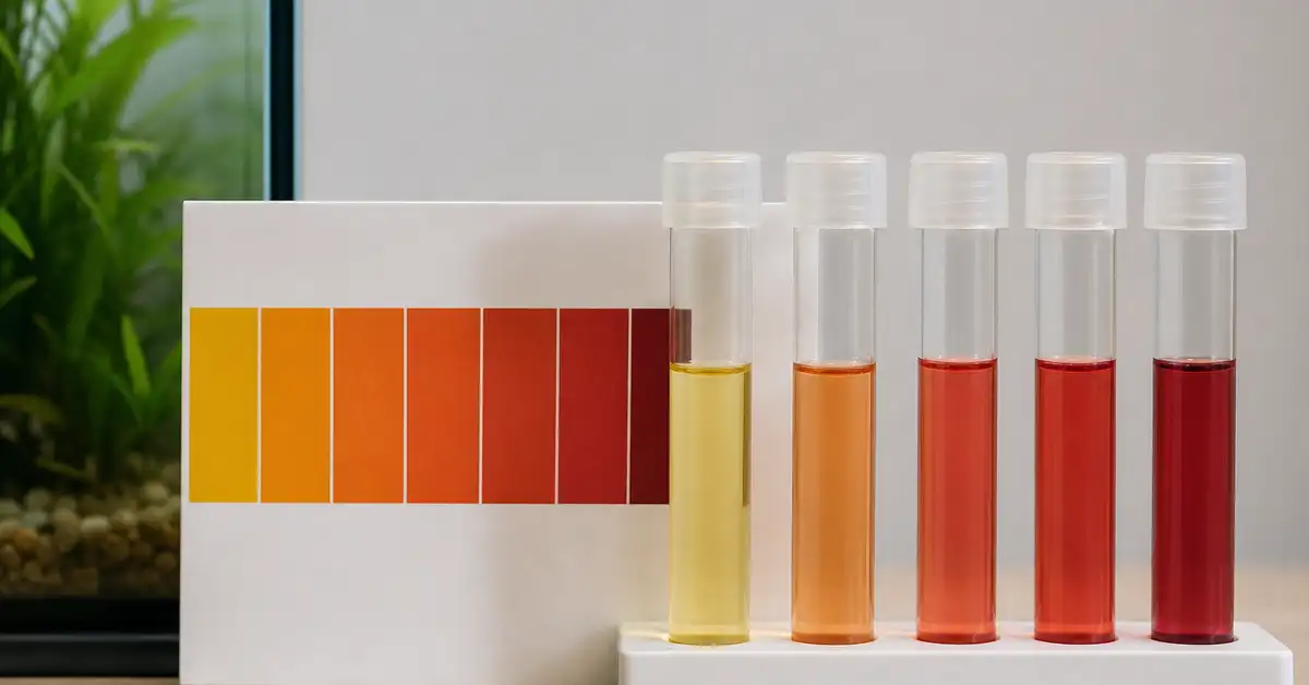 Aquarium water test tubes checking nitrate levels against a color reference chart