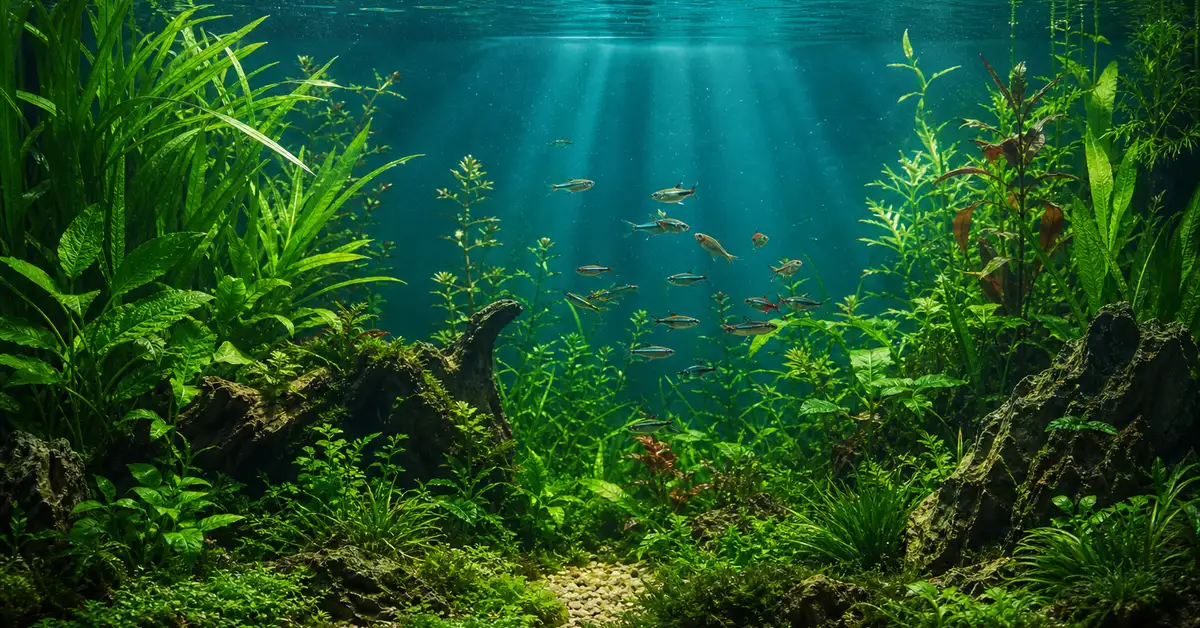 A clear, well-balanced planted freshwater aquarium with healthy fish