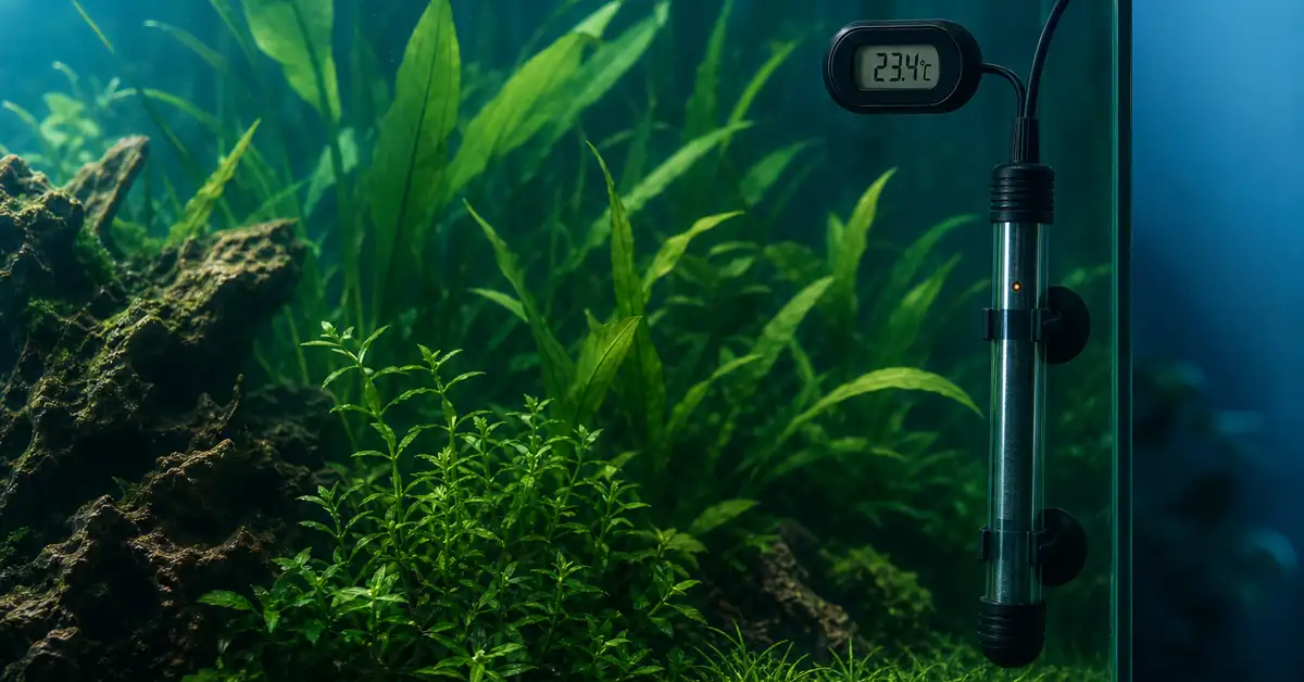 An aquarium heater and thermometer maintaining stable water temperature