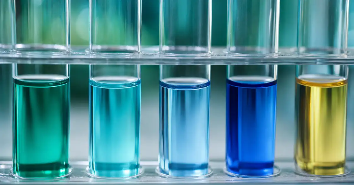 Glass test tubes of aquarium water samples used for liquid reagent testing