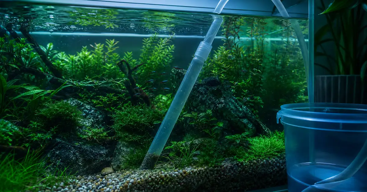 Fresh water being added to an aquarium during a routine water change