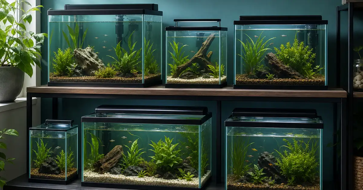 Several different sized freshwater aquariums arranged together showing a range of beginner tank sizes