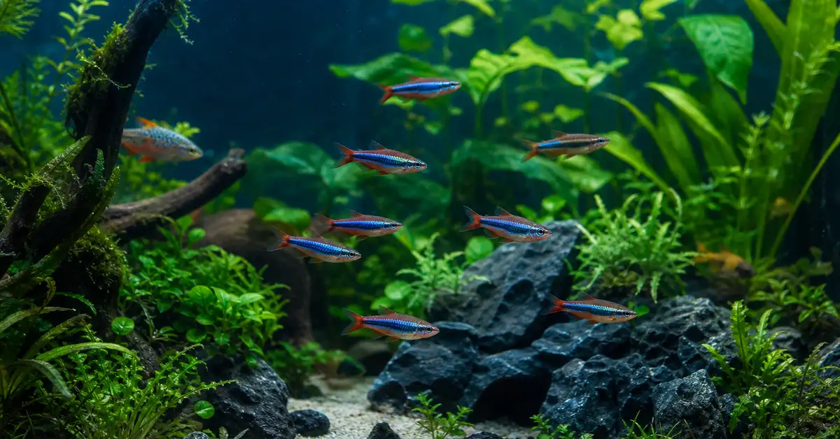 A well-stocked community freshwater aquarium with a variety of small fish swimming together