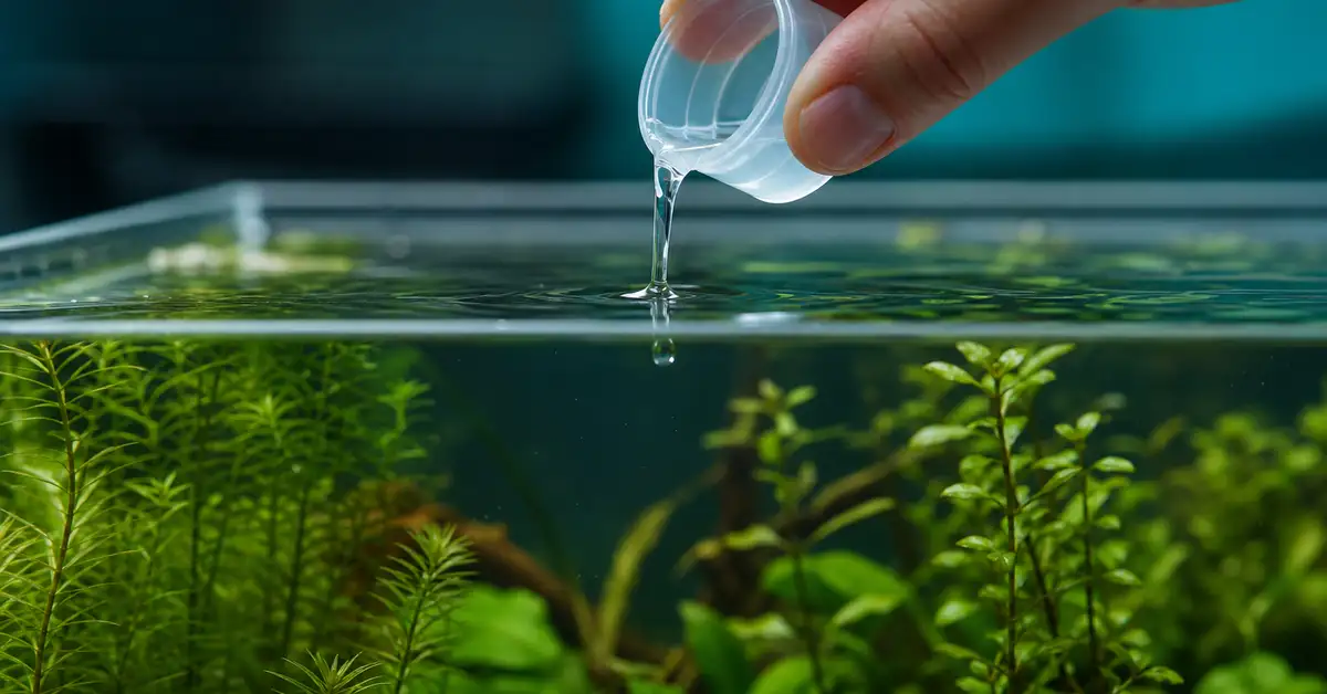 Close-up of a hand dosing liquid fertilizer into a planted freshwater aquarium with a measuring cap