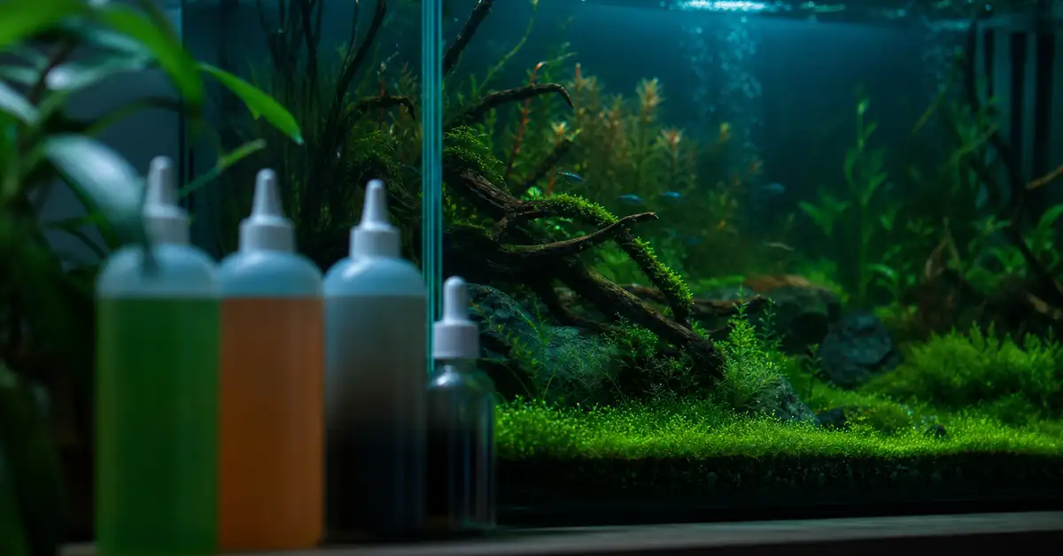 Dropper bottles of liquid aquarium plant fertilizer beside a lush green planted freshwater aquarium