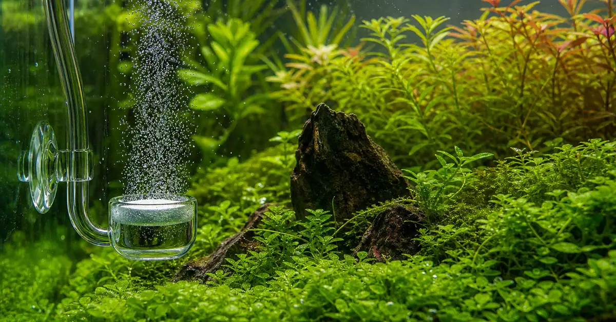 A planted freshwater aquarium with fine CO2 bubbles rising from a diffuser through dense green stem plants