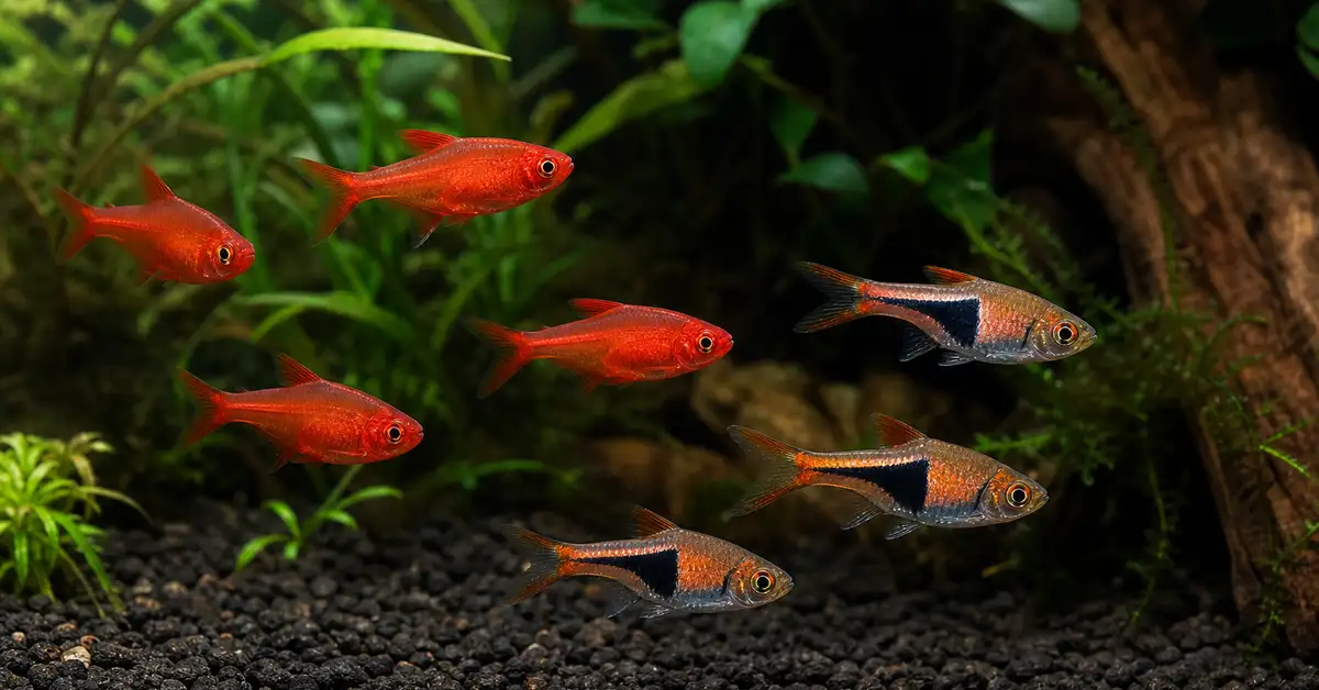 A small school of ember tetras and harlequin rasboras swimming together in a planted nano aquarium