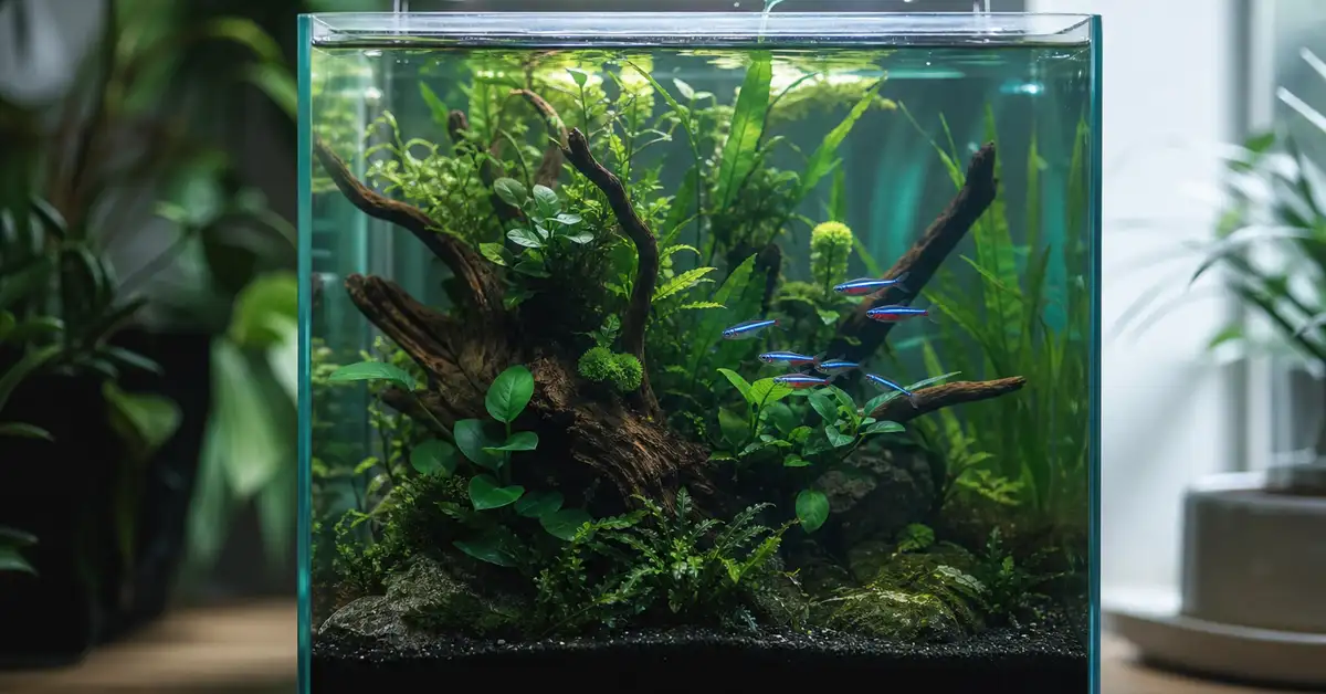 A small planted 5-gallon nano aquarium with a school of tiny colorful fish swimming among low-light plants
