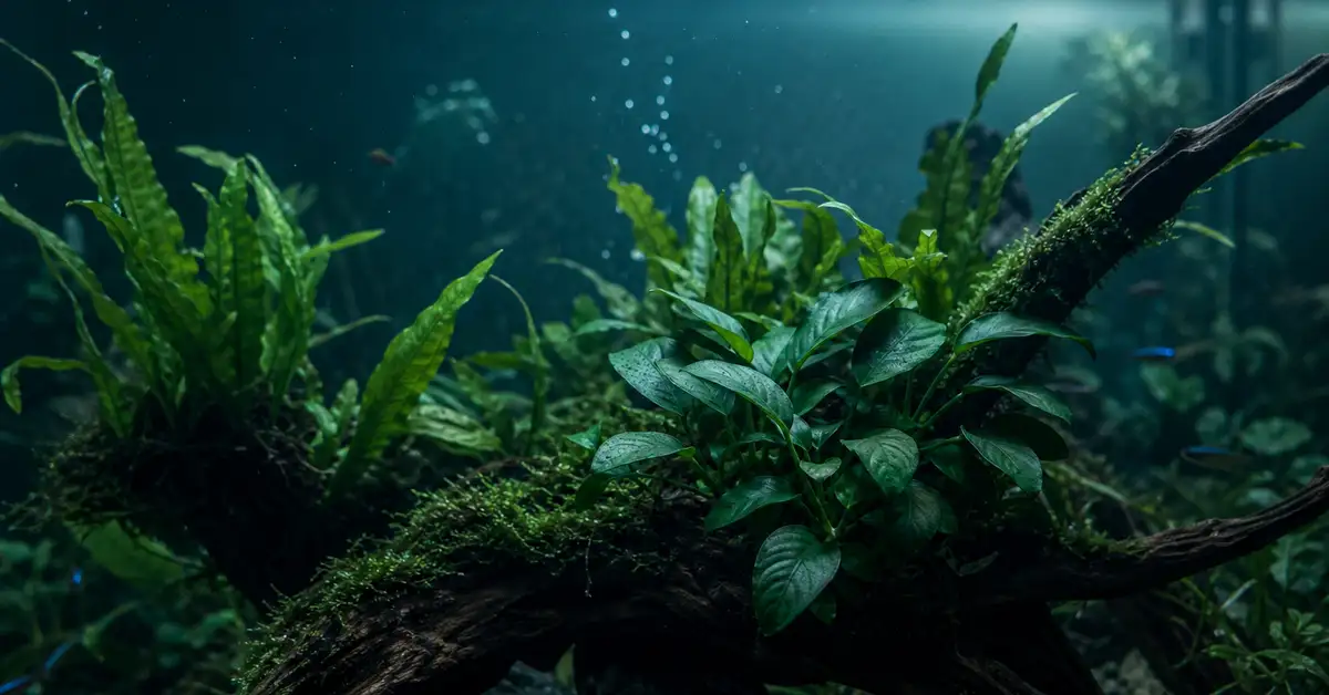 A dimly lit low-light freshwater planted aquarium with shade-tolerant plants attached to driftwood