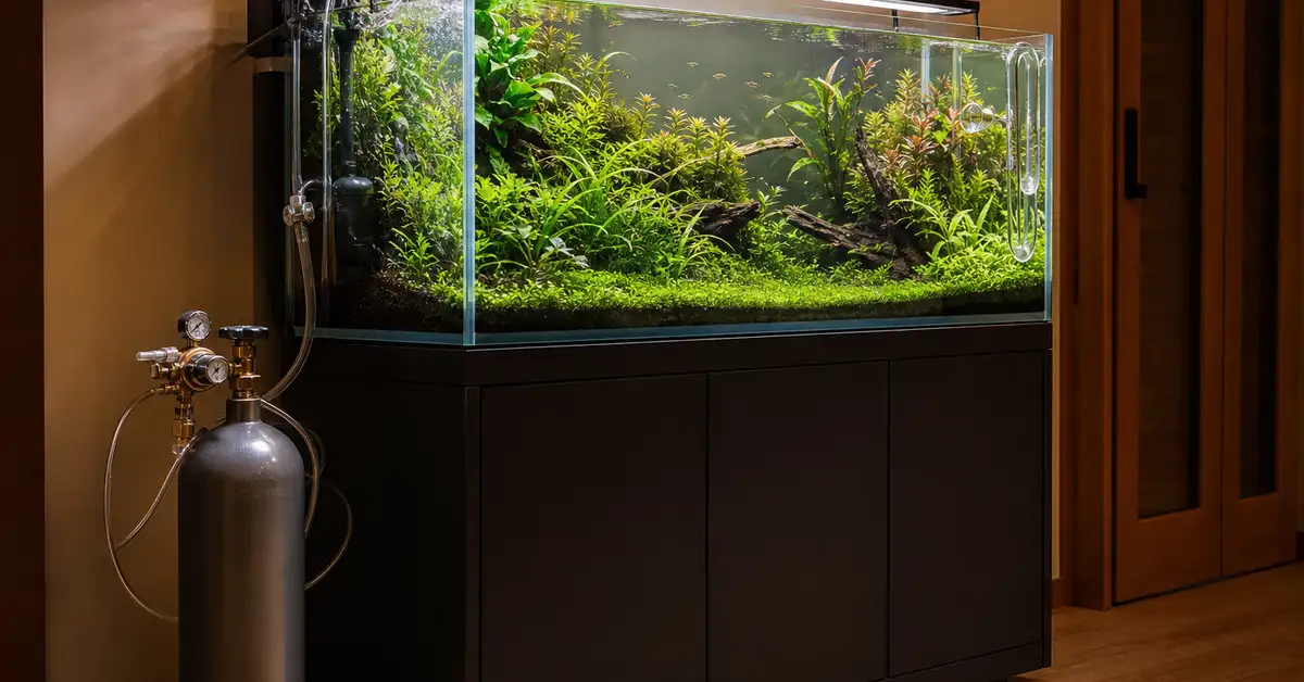 A CO2 cylinder and regulator beside a high-tech planted aquarium stand with tubing running to the tank