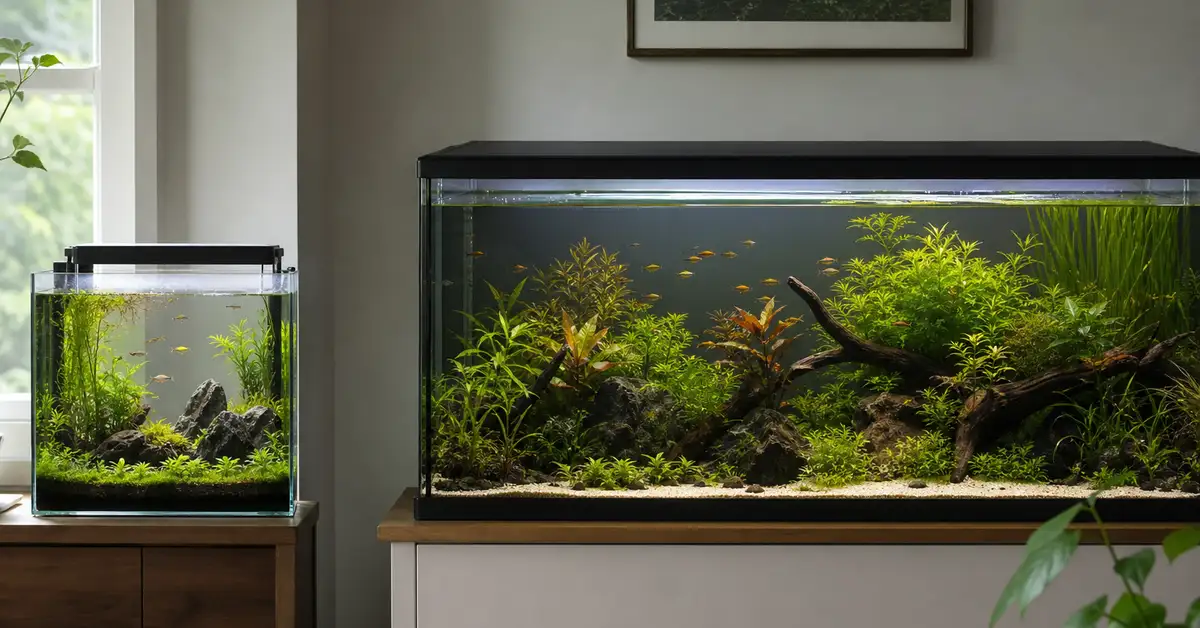 Two freshwater aquariums of different sizes side by side, a small nano tank and a larger long tank, both lightly stocked