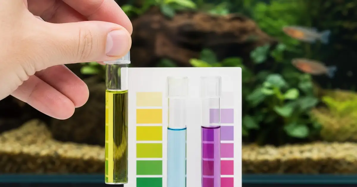 A liquid reagent water test tube being read against a freshwater aquarium, testing ammonia and nitrite before adding more fish