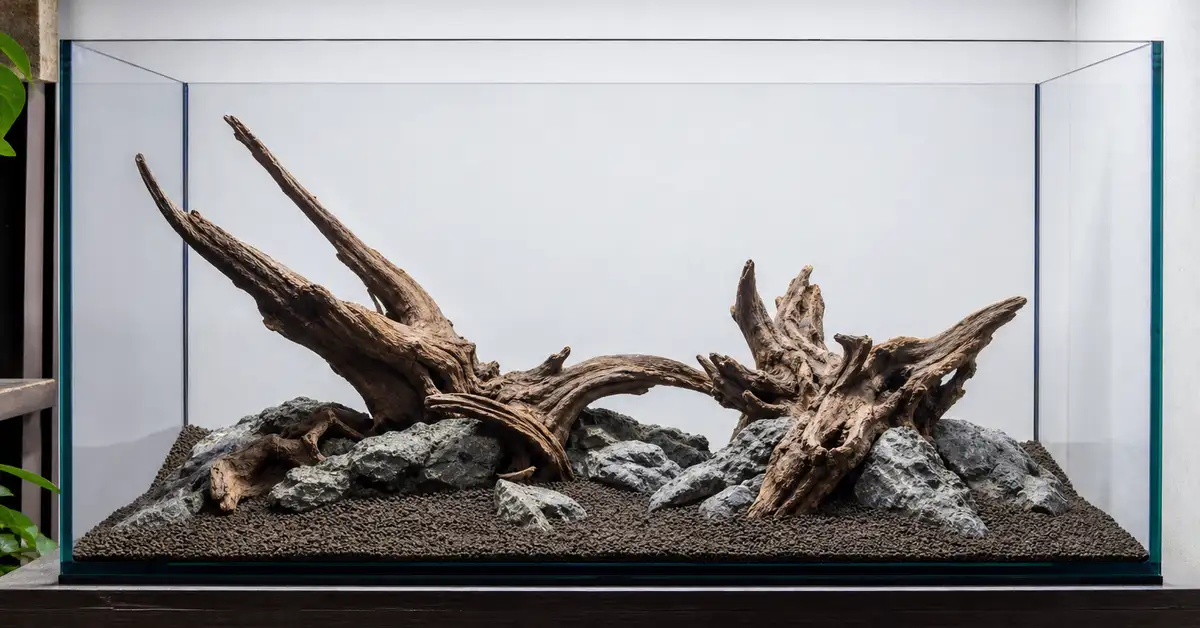 Driftwood and rocks dry-fitted on a thin substrate base before an aquascape layout is finalized