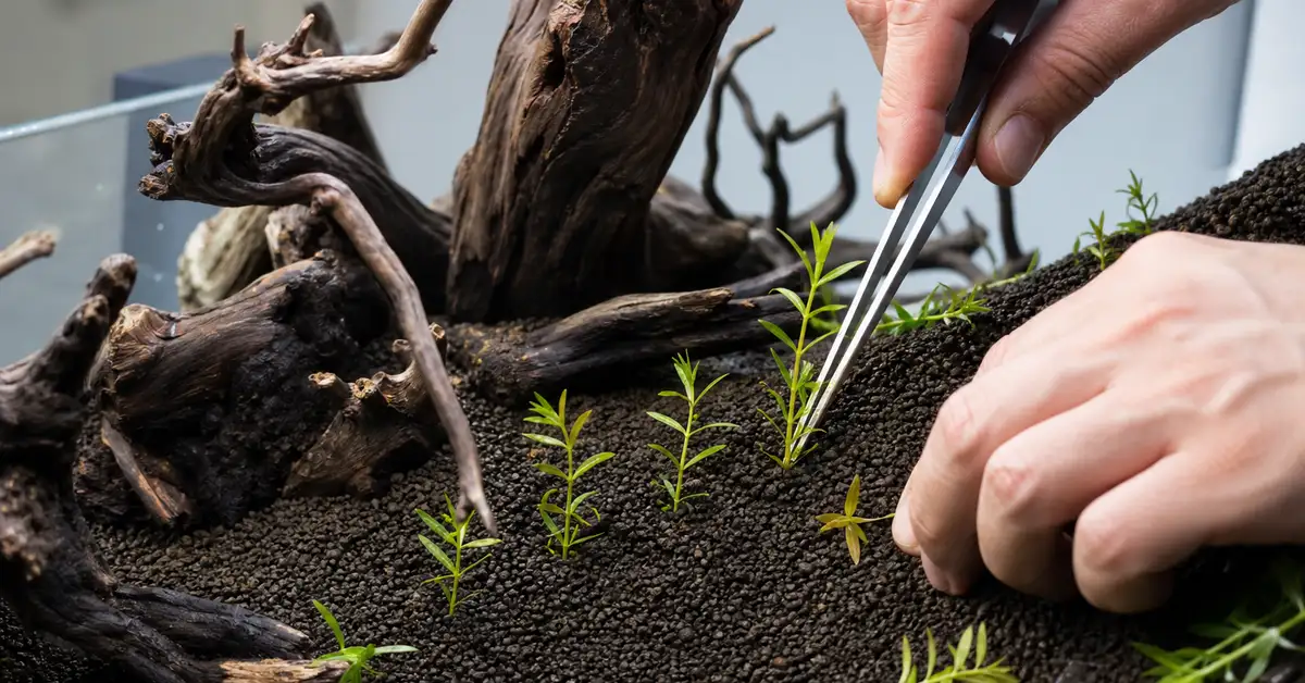 Planting small aquatic stem plants into sloped substrate near driftwood hardscape