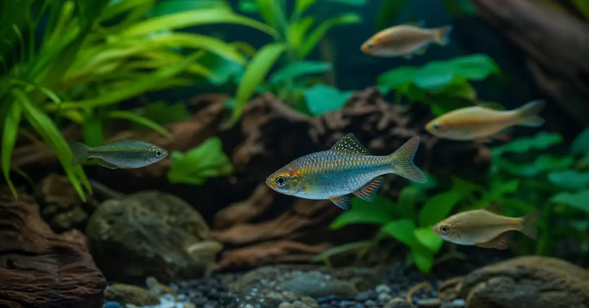 A calm, well-planted freshwater community aquarium in soft teal-toned lighting