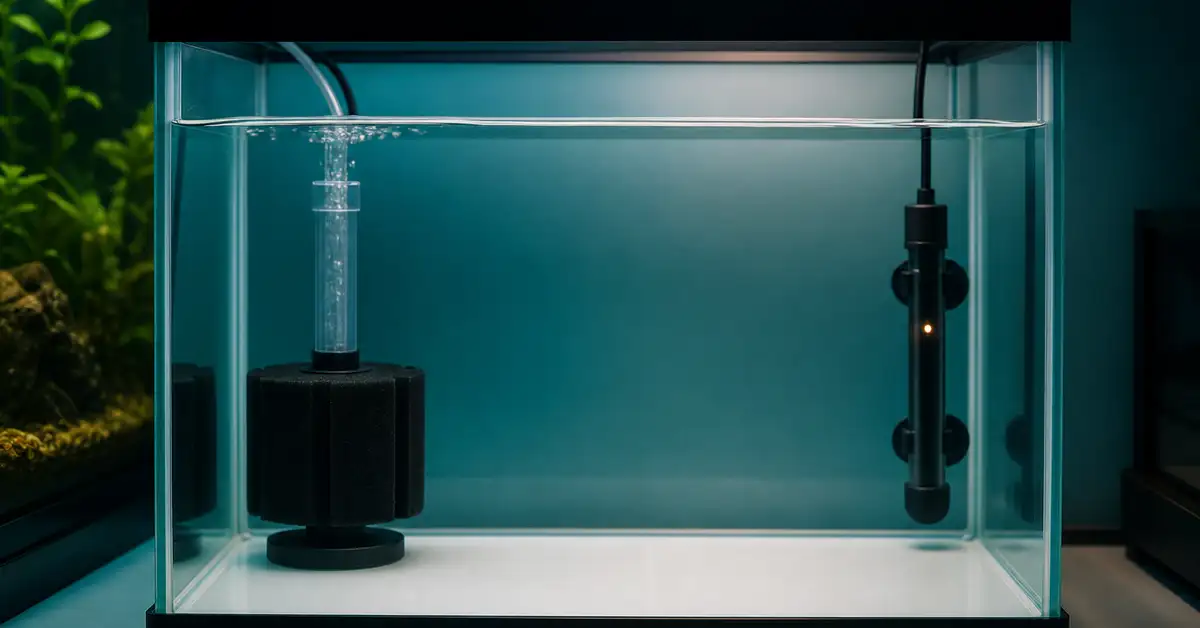 A simple, bare-bottom quarantine aquarium set up separately from the main display tank