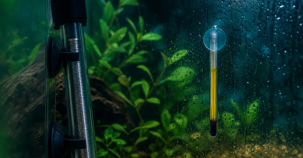 An aquarium heater and an independent thermometer in a freshwater tank