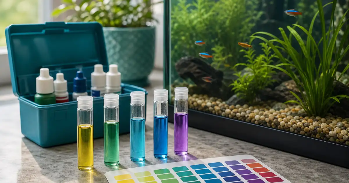 Aquarium water test tubes with a color-comparison chart beside a freshwater fish tank