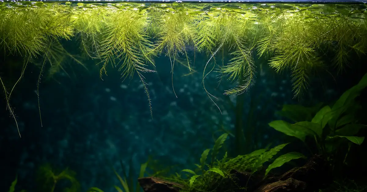 Feathery floating aquatic plants drifting near the water surface in a freshwater aquarium